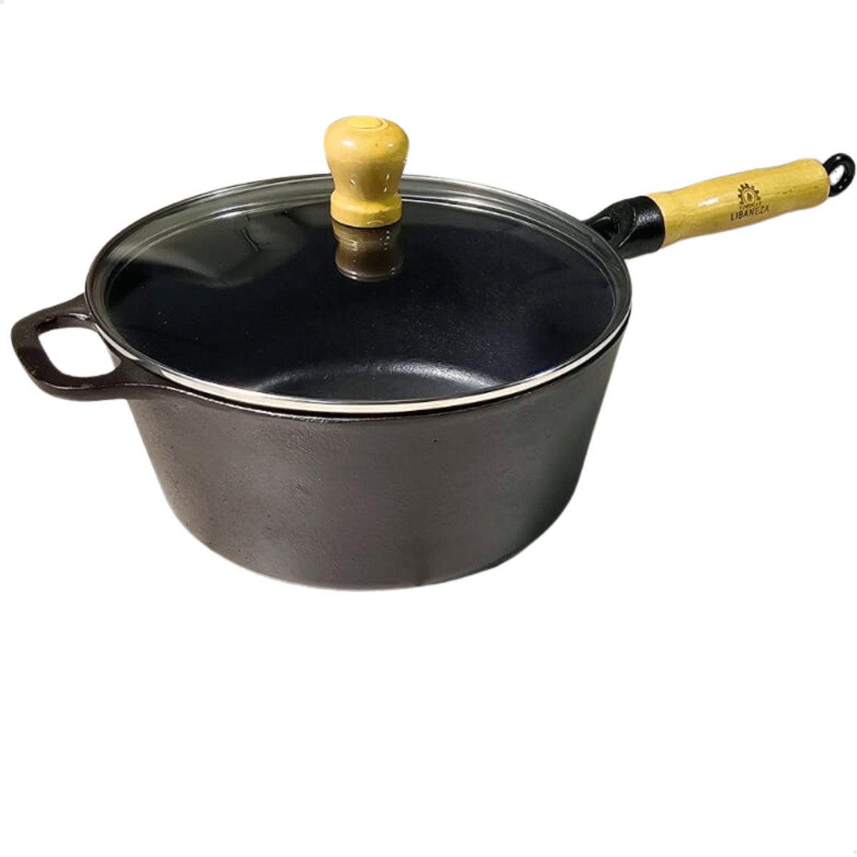 panela de ferro fundido com cabo caçarola com tampa de vidro 4,1 litros 24 cm de diametro fundição lib 