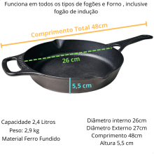 frigideira de ferro fundido com cabo de ferro, assadeira de ferro fundido 26 cm, lider, Libaneza